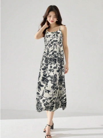 Apricot Floral Printed Spaghetti Strap Loose Dress