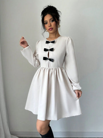 Apricot Long Sleeve Bow Tie Collar Women Casual Dress