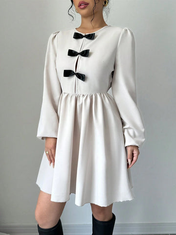 Apricot Long Sleeve Bow Tie Collar Women Casual Dress
