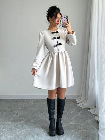 Apricot Long Sleeve Bow Tie Collar Women Casual Dress