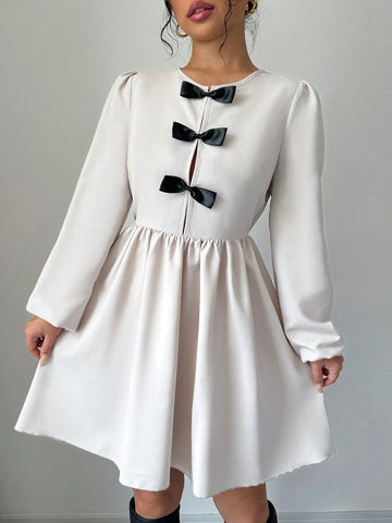 Apricot Long Sleeve Bow Tie Collar Women Casual Dress