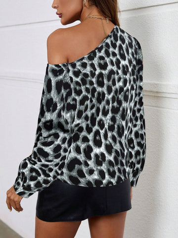 Privé Asymmetric Collar Leopard Print Long Sleeve Blouse