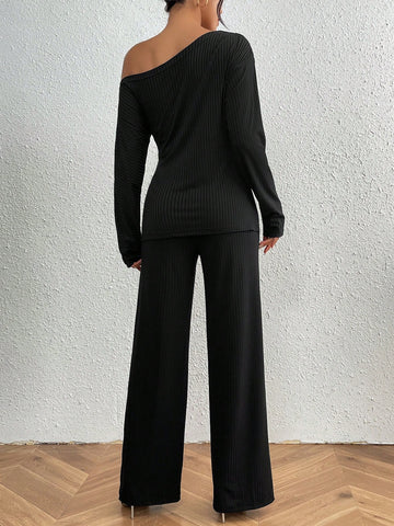 Asymmetric Neckline Long Sleeve Top & Pants Two-Piece Set