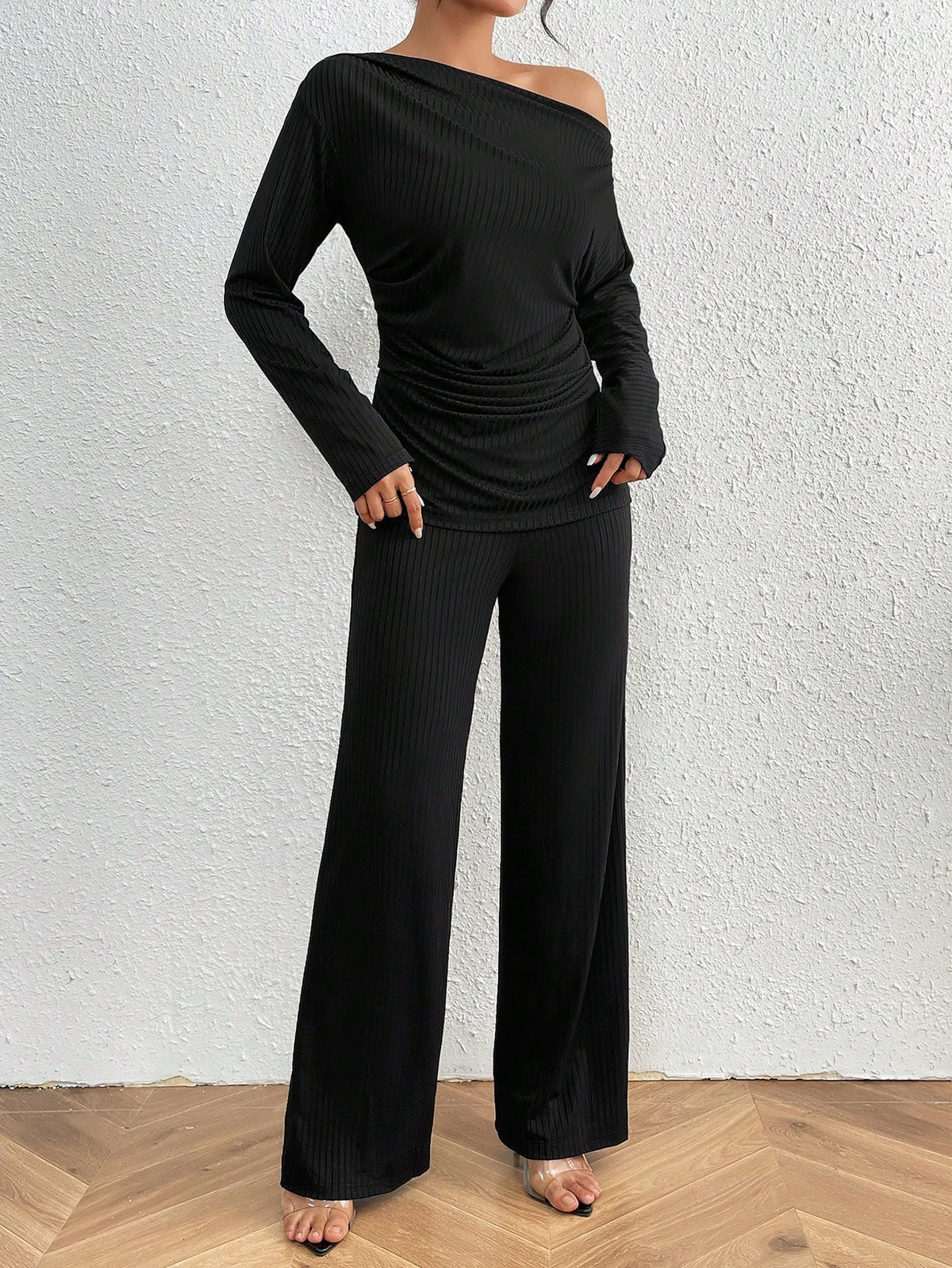 Asymmetric Neckline Long Sleeve Top & Pants Two-Piece Set