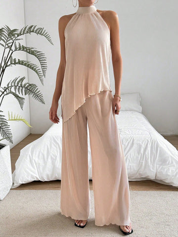Asymmetrical Hem Halter Top And Wide-Leg Pants Two-Piece Set