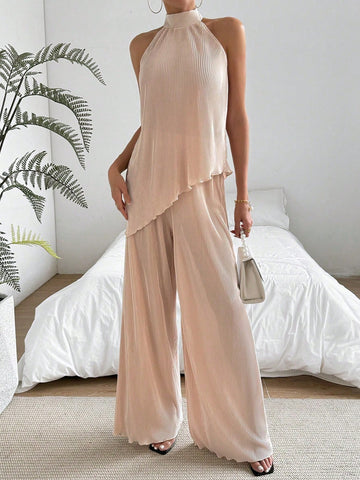 Asymmetrical Hem Halter Top And Wide-Leg Pants Two-Piece Set