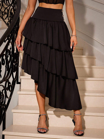 Privé Asymmetrical Hem Ruffle Edge Solid Color Skirt For Summer