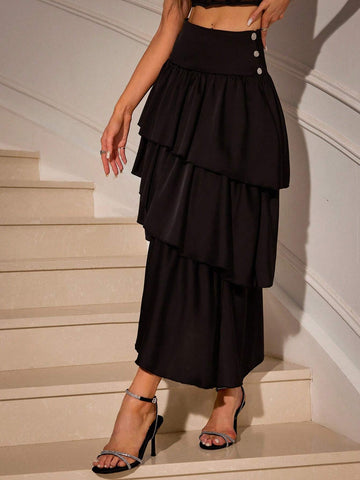 Privé Asymmetrical Hem Ruffle Edge Solid Color Skirt For Summer