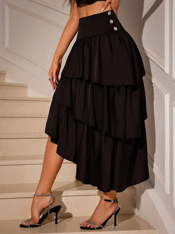 Privé Asymmetrical Hem Ruffle Edge Solid Color Skirt For Summer
