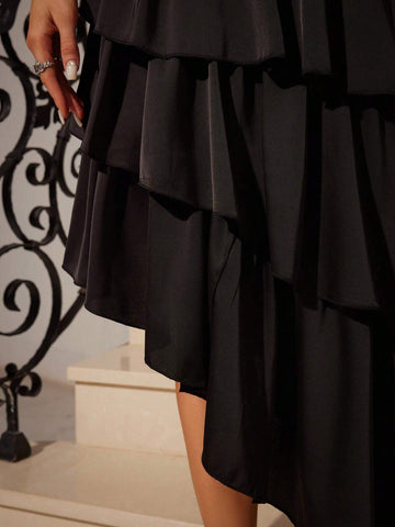 Privé Asymmetrical Hem Ruffle Edge Solid Color Skirt For Summer