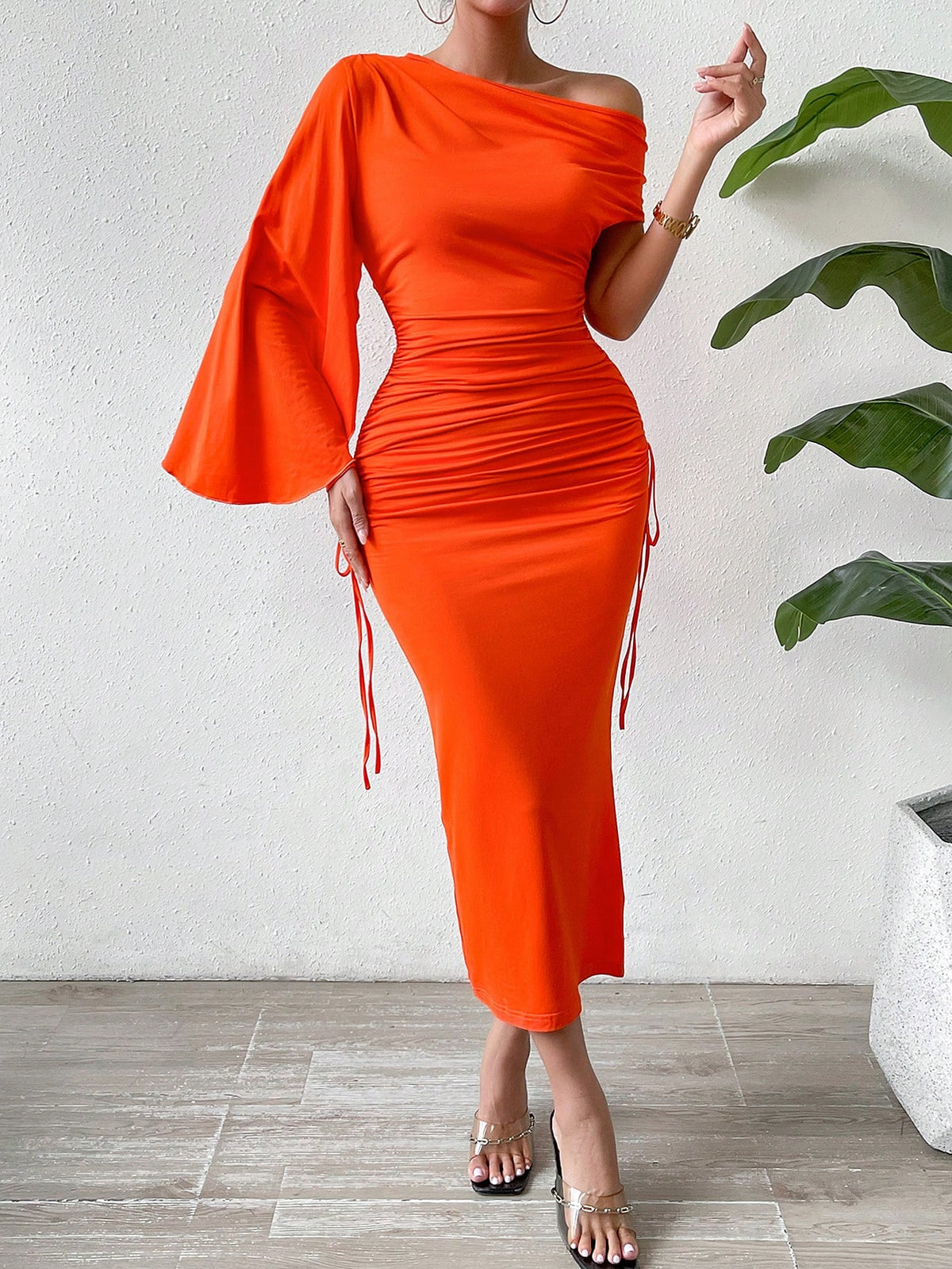 Asymmetrical Neck Drawstring Ruched Side Dress