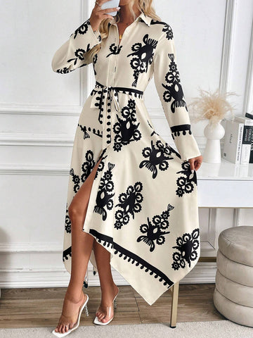 Asymmetrical Printed Long Sleeve Belted Elegant Charm Dress