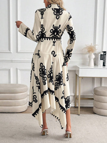 Asymmetrical Printed Long Sleeve Belted Elegant Charm Dress
