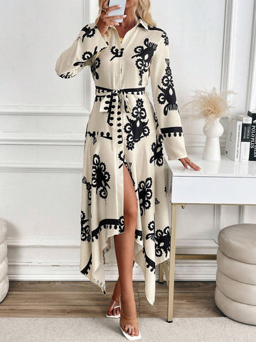 Asymmetrical Printed Long Sleeve Belted Elegant Charm Dress