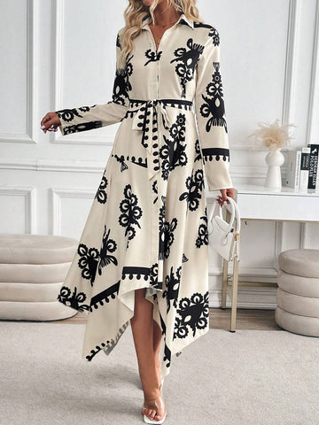 Asymmetrical Printed Long Sleeve Belted Elegant Charm Dress