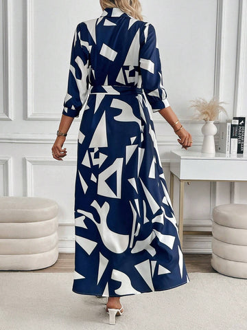 Asymmetrical Printed Long Sleeve Shirt Collar Casual Elegant Dress For Women