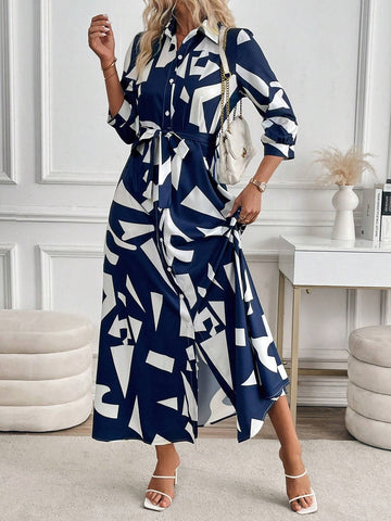 Asymmetrical Printed Long Sleeve Shirt Collar Casual Elegant Dress For Women