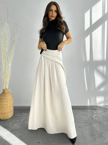 Privé Autumn/Winter New Elegant High Waist Women's Pleated A-Line Maxi Skirt, Apricot Color