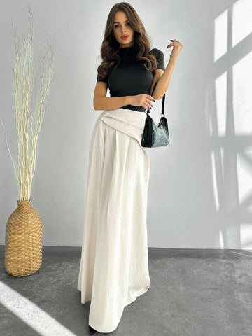 Privé Autumn/Winter New Elegant High Waist Women's Pleated A-Line Maxi Skirt, Apricot Color