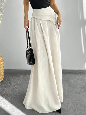 Privé Autumn/Winter New Elegant High Waist Women's Pleated A-Line Maxi Skirt, Apricot Color