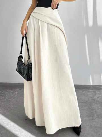 Privé Autumn/Winter New Elegant High Waist Women's Pleated A-Line Maxi Skirt, Apricot Color
