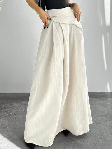 Privé Autumn/Winter New Elegant High Waist Women's Pleated A-Line Maxi Skirt, Apricot Color