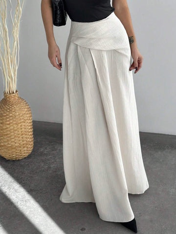 Privé Autumn/Winter New Elegant High Waist Women's Pleated A-Line Maxi Skirt, Apricot Color