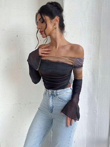 Autumn/Winter New Elegant & Sexy Party Tie Dye Print Off Shoulder Flare Sleeve Bodysuit