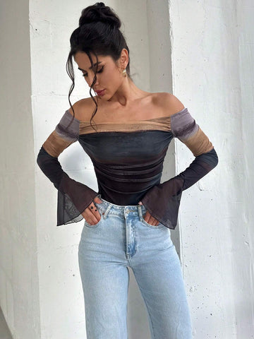 Autumn/Winter New Elegant & Sexy Party Tie Dye Print Off Shoulder Flare Sleeve Bodysuit