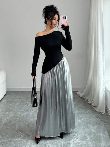 Autumn Asymmetric Neckline Design Patchwork Metallic Lustre Slimming Flared Dress