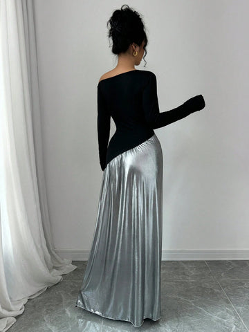Autumn Asymmetric Neckline Design Patchwork Metallic Lustre Slimming Flared Dress