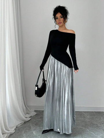 Autumn Asymmetric Neckline Design Patchwork Metallic Lustre Slimming Flared Dress