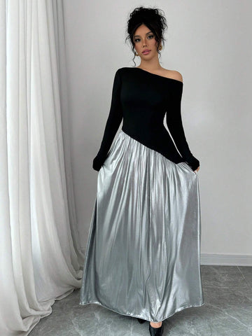 Autumn Asymmetric Neckline Design Patchwork Metallic Lustre Slimming Flared Dress
