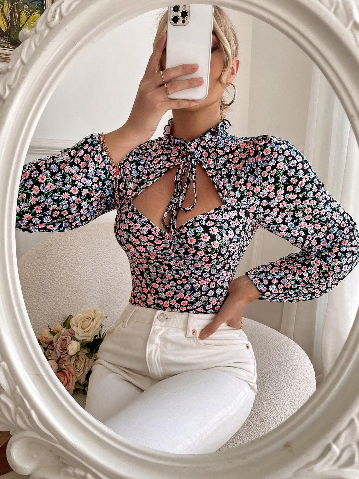 Autumn Casual Ditsy Floral Hollow Out Lantern Sleeve Bodysuit