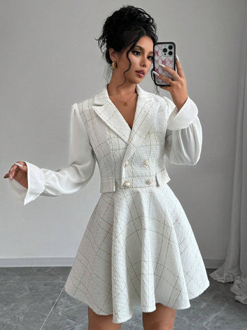 Autumn Elegant Tweed Patchwork Sleeve Short Dress