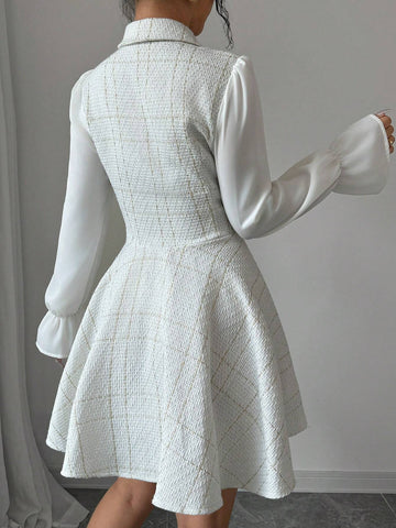 Autumn Elegant Tweed Patchwork Sleeve Short Dress