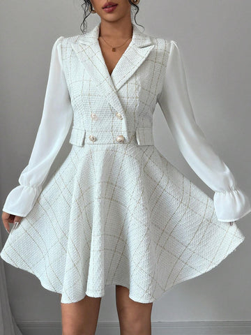 Autumn Elegant Tweed Patchwork Sleeve Short Dress