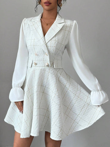 Autumn Elegant Tweed Patchwork Sleeve Short Dress