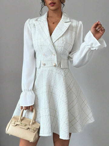 Autumn Elegant Tweed Patchwork Sleeve Short Dress