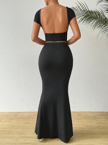 Backless One Shoulder Short Sleeve T-Shirt And Ruched Mermaid Maxi Skirt 2pcs Set