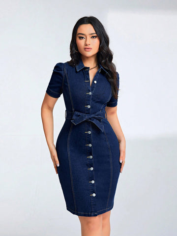 Belted Slim Fit Denim Shirt Dress