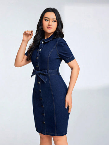 Belted Slim Fit Denim Shirt Dress