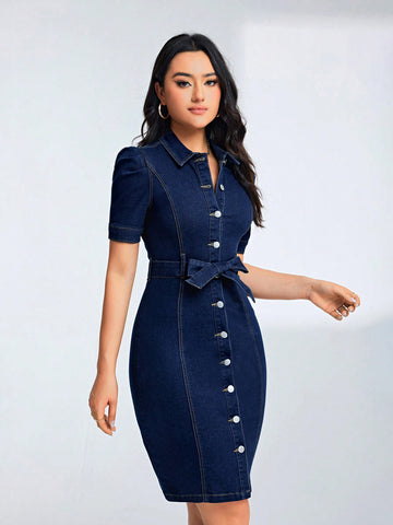 Belted Slim Fit Denim Shirt Dress