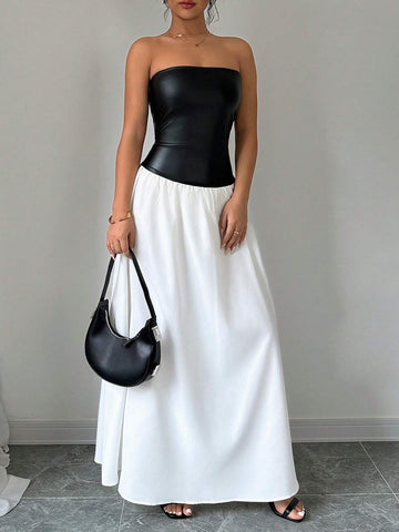 Black And White Colorblocked Strapless Low Waist Dress