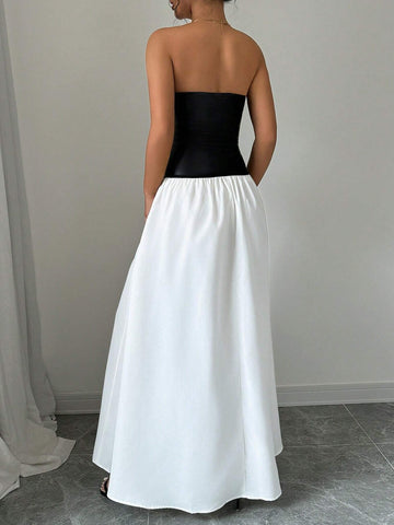 Black And White Colorblocked Strapless Low Waist Dress