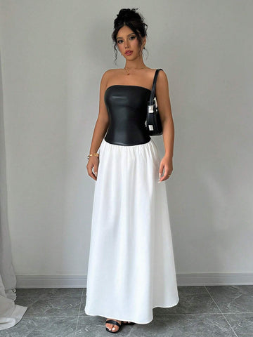 Black And White Colorblocked Strapless Low Waist Dress