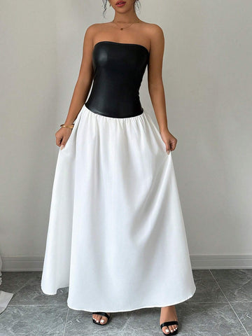 Black And White Colorblocked Strapless Low Waist Dress