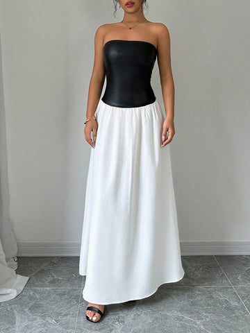 Black And White Colorblocked Strapless Low Waist Dress