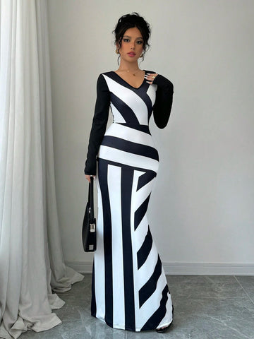 Black And White Striped Bodycon Midi Dress