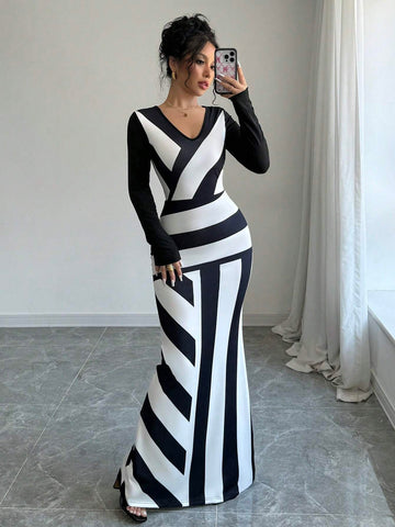 Black And White Striped Bodycon Midi Dress